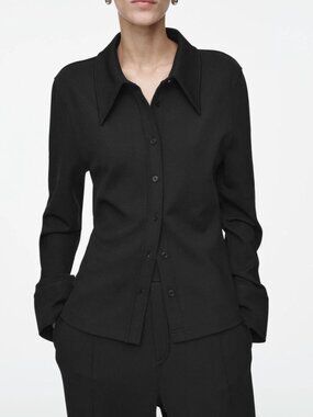 COS Exaggerated Collar Button-Up Jersey Shirt Black